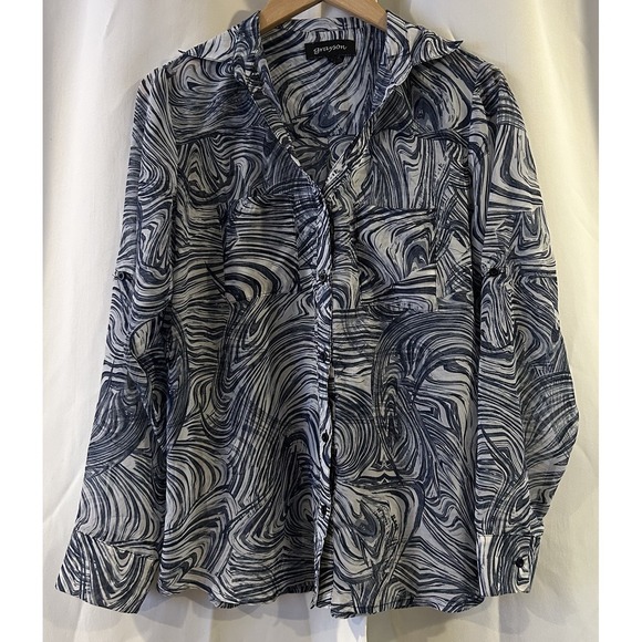 Tops - Grayson Women's Long Sleeve Button Up Blouse Size Large Gray Blue Swirl Sheer